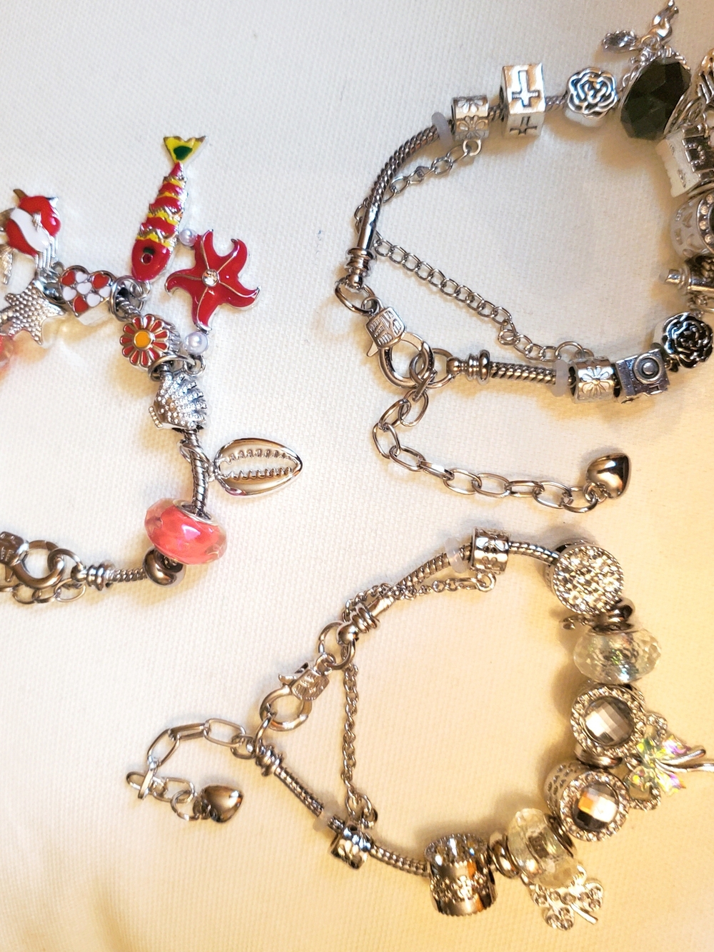 Silver Tone Charm Bracelets with Red, Black and Clear Beads